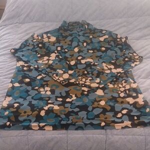 Susan Graver Blue & Green Long Sleeve Mock Neck Floral Designed Top Size 2X